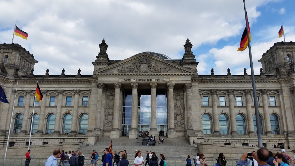 Dem Deutschen Volke! This is where the Bundestag, the current German parliament, now meets. Note the clouds reflected in the windows. Der Himmel uber Berlin, nah? 