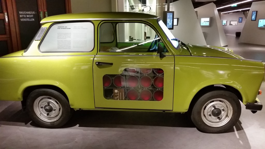 An actual Trabbi (the East German excuse for a car)...hard to believe people waited 20 years for such a POS. This one was a Stasi (the brutal State Police) vehicle, complete with licensing devices. Because communism is paranoid. Well, anything that goes against basic human rights usually is, am I right, Mr. Trump?