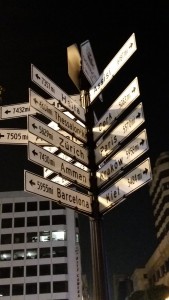 Sign with distances to many cities marked